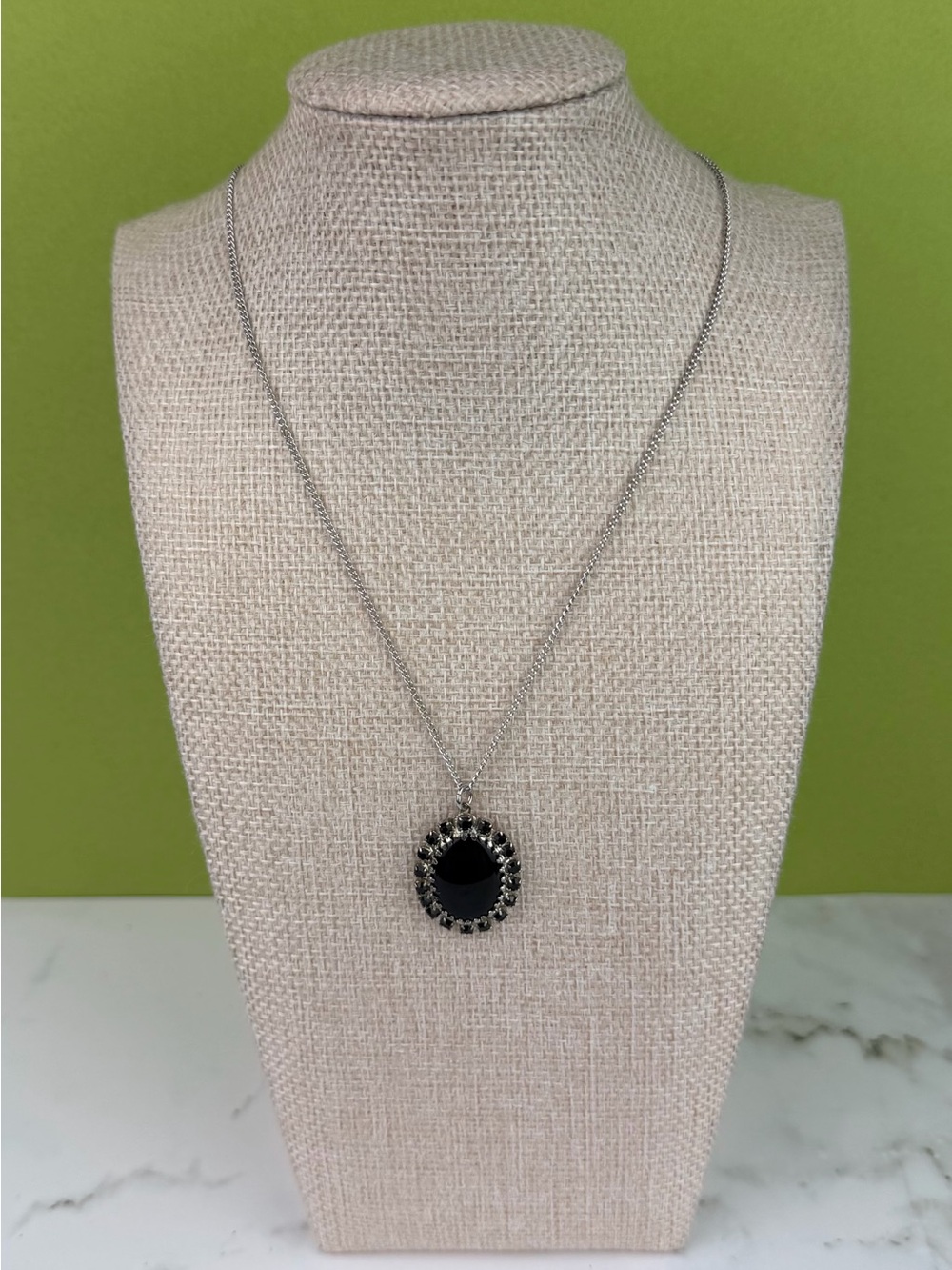 Vintage Judy Lee Silver Tone Black Glass Cabochon & Rhinestone Pendant Necklace
